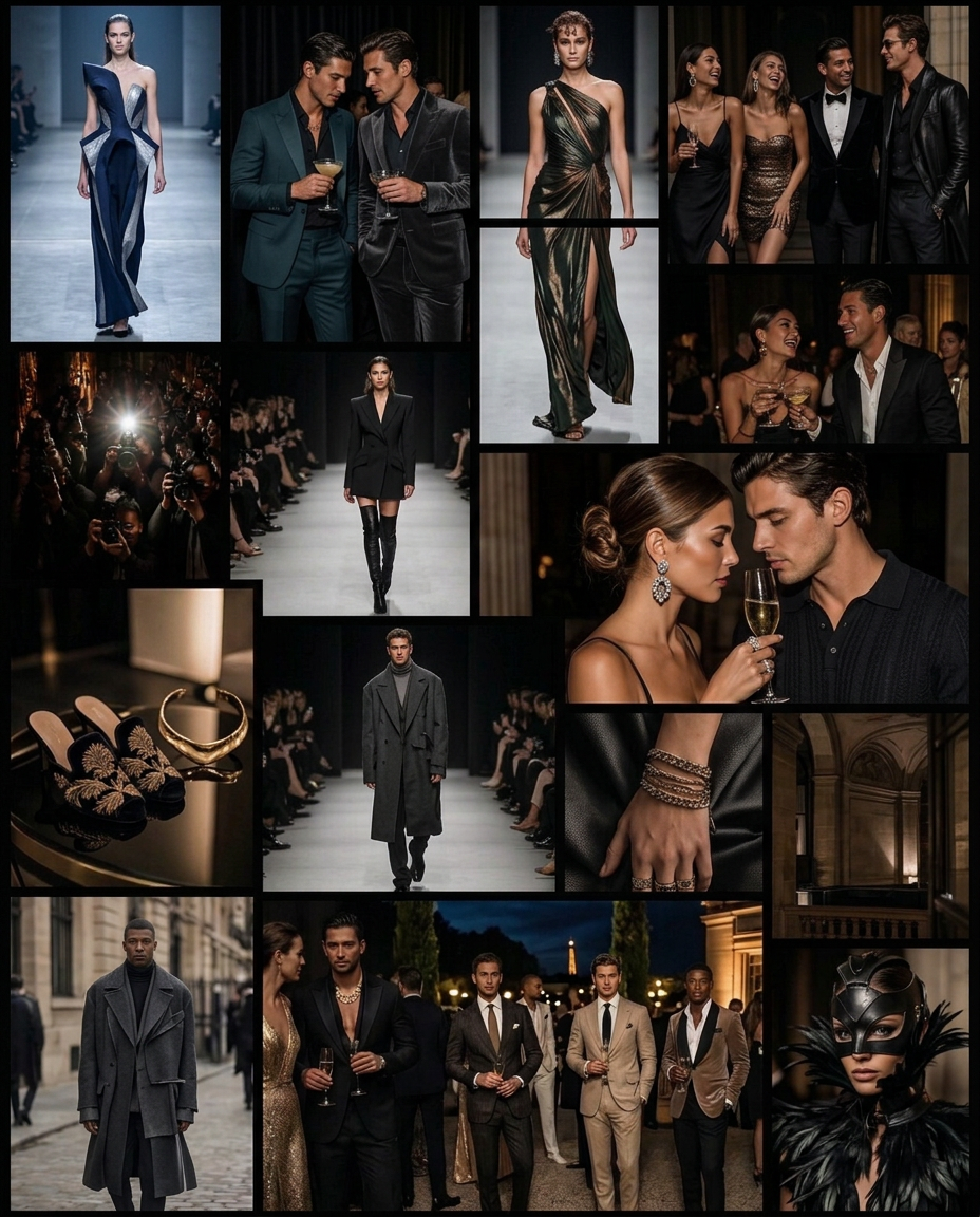 Collage of fashion week runway shows, street style and after parties